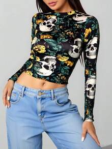Blusa manga larga craneo calavera rosas luna dia de brujas dia de muertos disfraz calaveras calaca fantasma flor - Verde Lima - Ver 3