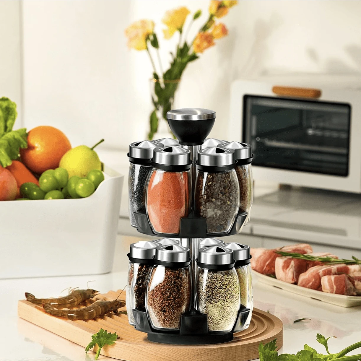 6 piezas/12 piezas Frascos giratorios de especias de vidrio - Organizador de estante giratorio de especias a 360°, equipado con frascos y estante giratorio de acero inoxidable para condimentos, adecuado para encimeras, armarios y cocina