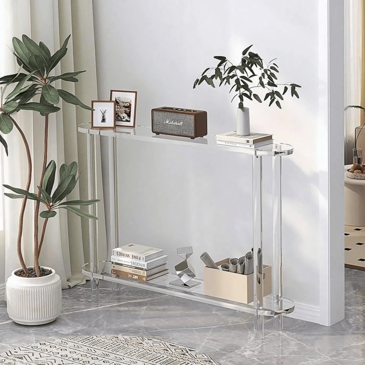 Transparent Acrylic Narrow End Table, Suitable For Small Spaces, With Magazine Rack, Ultra-Thin Side Nightstand/Bedside Cabinet, Applicable For Living Room & Bedroom