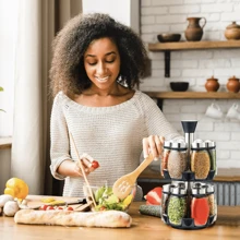 6 piezas/12 piezas Frascos giratorios de especias de vidrio - Organizador de estante giratorio de especias a 360°, equipado con frascos y estante giratorio de acero inoxidable para condimentos, adecuado para encimeras, armarios y cocina