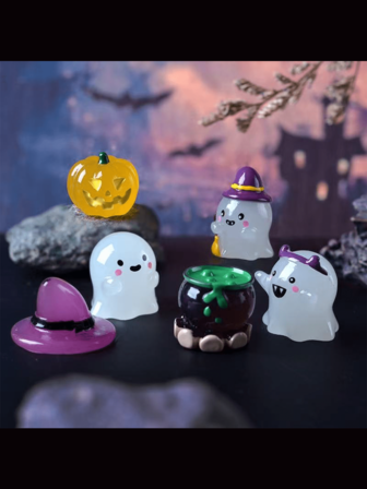 Nya hetsäljande Halloween-tillbehör med självlysande trollkarl och spöken, mikrolandskapsträdgårdsskötsel, kreativ lysande dekor, lämplig för flera scener, rolig liten present (slumpmässig stil)