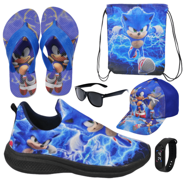 Tênis Infantil Masculino Slip On Desenhos + Chinelo + Óculos + Relógio + Boné + Mochila