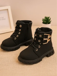 1 双靴子，橡胶软底，增高，舒适内衬，金色双扣装饰，易穿脱系带拉链设计，柔软 PU 圆头，适合 3-15 岁男孩和女孩，户外徒步露营，2025 年秋冬新款