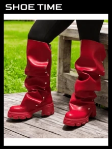 Women Mid Calf Slouchy Boot Fashion Detachable Shoes - Red - View 5