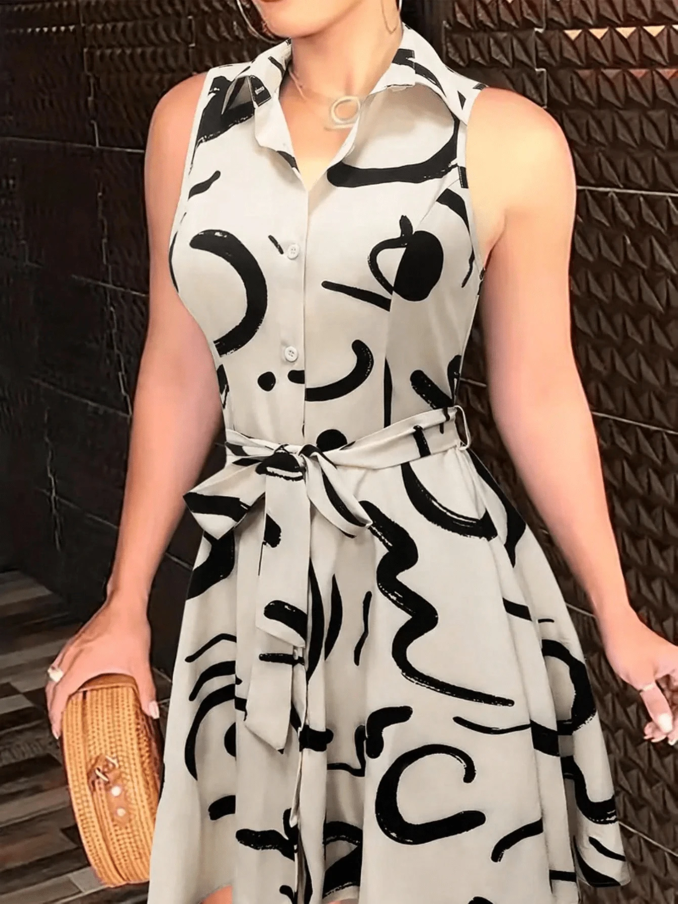 1. 抽象印花前扣无袖连衣裙，休闲收腰翻领连衣裙 2. 印花优雅腰部衬衫连衣裙 - 彩色 - 查看 1
