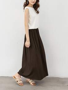 Primavera y otoño de la falda plisada de la moda de las mujeres más tamaño de cintura alta falda de medio cuerpo sub gran swing A-line falda de longitud media - Café integral - Ver 2