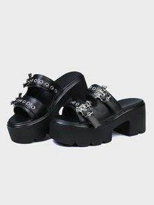 Sexy Wedge Sandals For Women Chunky Heels Platform Punk Buckle High Heel Party Dressy Nightclub Shoes,Comfortable Summer Women's Shoes Y2K - 黑色 - 查看 1