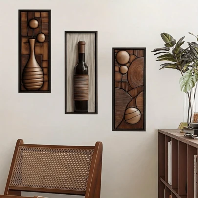 3 Pieces,2D Flat Creative Simulation Wooden Decoration, Modern Retro Style, Very Suitable For Bedroom, Living Room, Entrance Hall, Wall Background Decoration. Wall Decoration, Home Decoration Room Decor Bedroom Decor