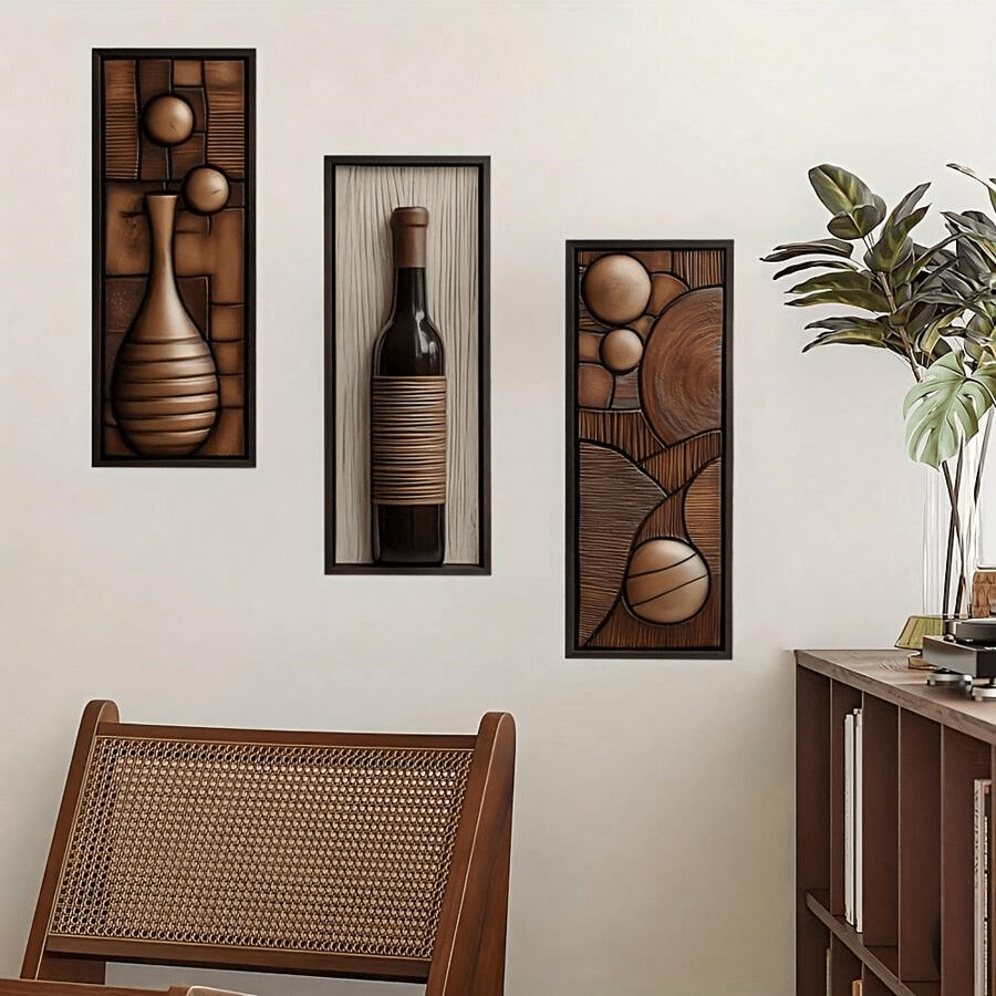 3 piezas, decoración de madera plana y creativa en 2D, estilo moderno y retro, muy adecuada para dormitorio, sala de estar, entrada, decoración de pared. Decoración de pared, decoración del hogar, decoración de habitación, decoración de dormitorio