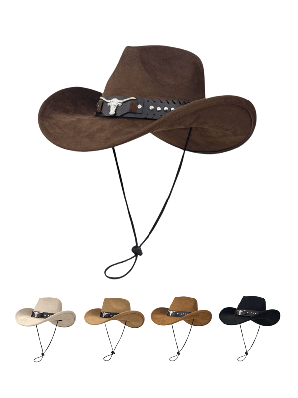 1 pieza Sombrero de vaquero unisex de ante sintético con decoración de cuero, nuevo sombrero de ala ancha ajustable de estilo vintage, bohemio y ciberpunk, moda de estilo callejero, regalo para hombres, adecuado para fiestas, eventos con temática occidental, reuniones, cosplay, graduación, mascarada, festivales, cumpleaños, festivales de música, senderismo