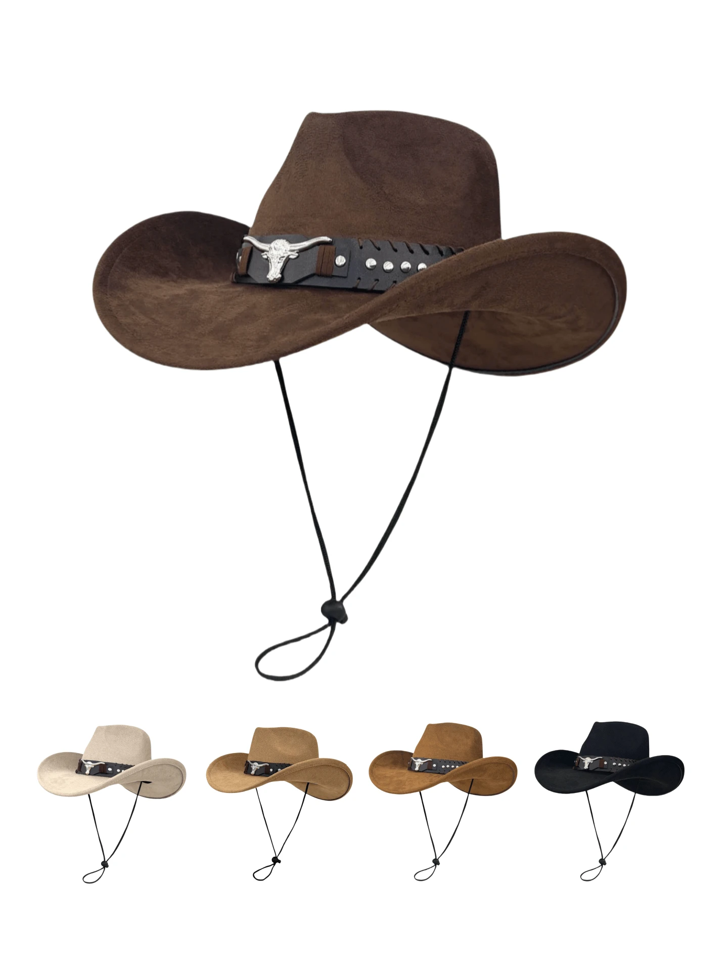 1pc Unisex Faux Suede Cowboy Hat With Leather Decoration, New Vintage Cyberpunk Bohemian Style Adjustable Wide Brim Hat, Fashionable Street Style, Gift For Men, Suitable For Parties, Western Themed Events, Gatherings, Cosplay, Graduation, Masquerade, Festivals, Birthdays, Music Festivals, Hiking