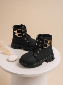 1 双靴子，橡胶软底，增高，舒适内衬，金色双扣装饰，易穿脱系带拉链设计，柔软 PU 圆头，适合 3-15 岁男孩和女孩，户外徒步露营，2025 年秋冬新款