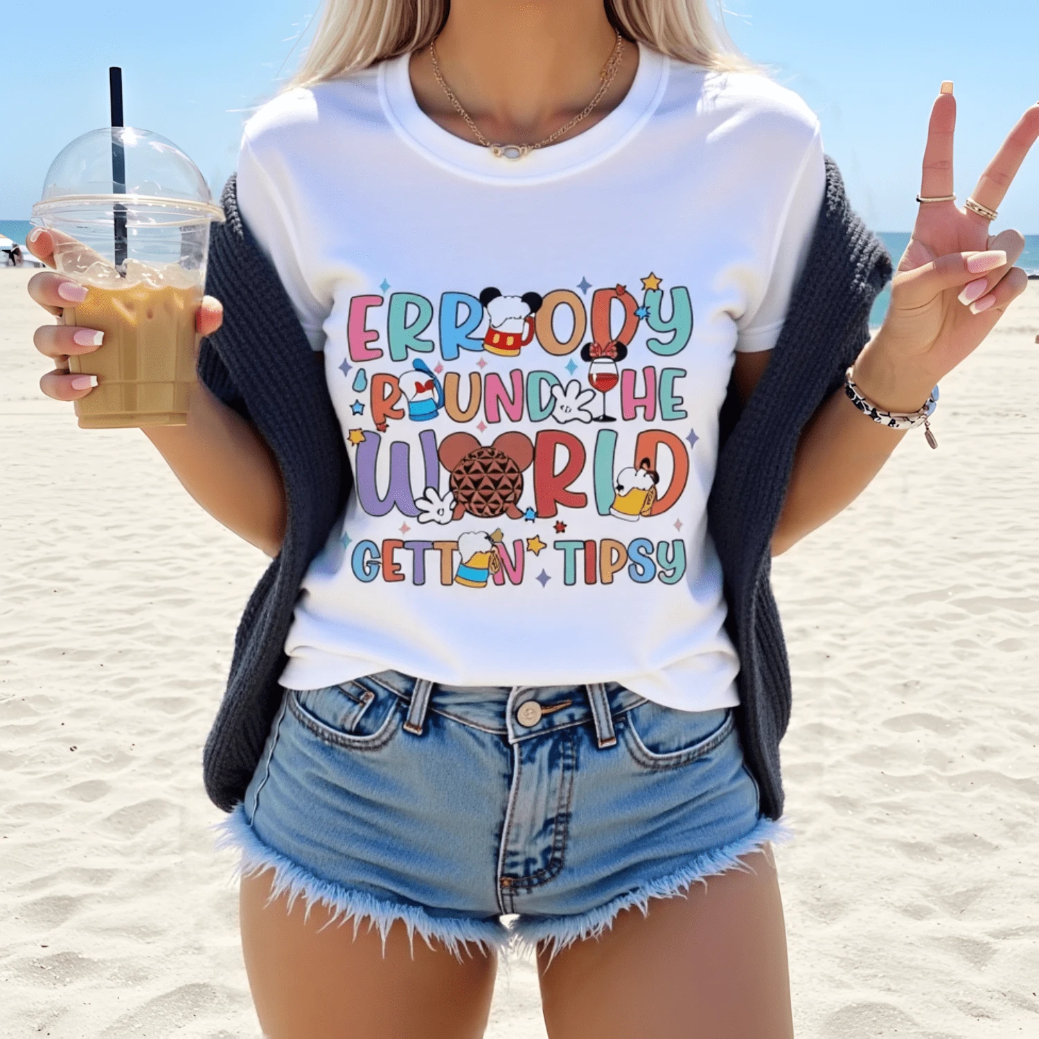 Errbody Round World Gettin Ti ,And ,Drinking Around World,Epcot ,Family Vacation_Printed Shirts,Ladies'tops,Printed Short-Sleeve One-Piece Shirts Women's Solid-Colored Boat Collar Short-Sleeve One-Piece Shirt, Suitable For Summer Wear With Printed Shirts, Ladies' Tops, And Printed Short Sleeves - 白色2 - 查看 1