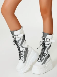 Stylish Punk Goth Women Boots Rivets Motorcycles Fight Lace-Up Platform Wedge Chunky Heel Shoes Women Luxury Nightclub Boots - 白色 - 查看 3