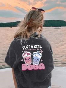 1pc Girls Casual Pearl Milk Tea Graphic Print Round Neck Short Sleeve T-Shirt, Summer Student Youth Apparel - Artistic Style Tee To Inspire Imagination And Self-Expression! - Dark Grey - View 2