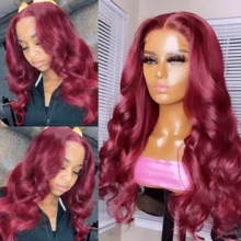 NARNI 34 Inch 99J Burgundy Lace Front Wig 250% Density 13x6 HD Transparent Lace Frontal Human Hair Wigs Glueless Body Wave Human Hair Wig Red Wine 99J Colored Pre Plucked With Baby Hair For Women - S99J - 查看 9