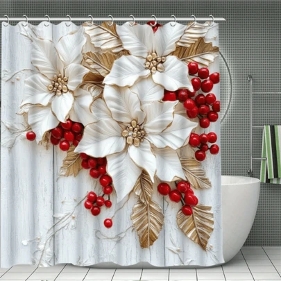 1PC Festive Christmas Morning Shower Curtain ,Red Berry And White Flower Pattern Shower Curtain- Polyester With Hooks, Easy-Care, Holiday Spirit Design Bathroom Decor