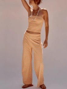 Womens Y2K Striped Two Pieces Outfits Strapless Crop Tube Top Off The Shoulder Bandeau Tops And Striped Wide Leg Pants Sets Summer Beach Vacation Casual Lounge Set
