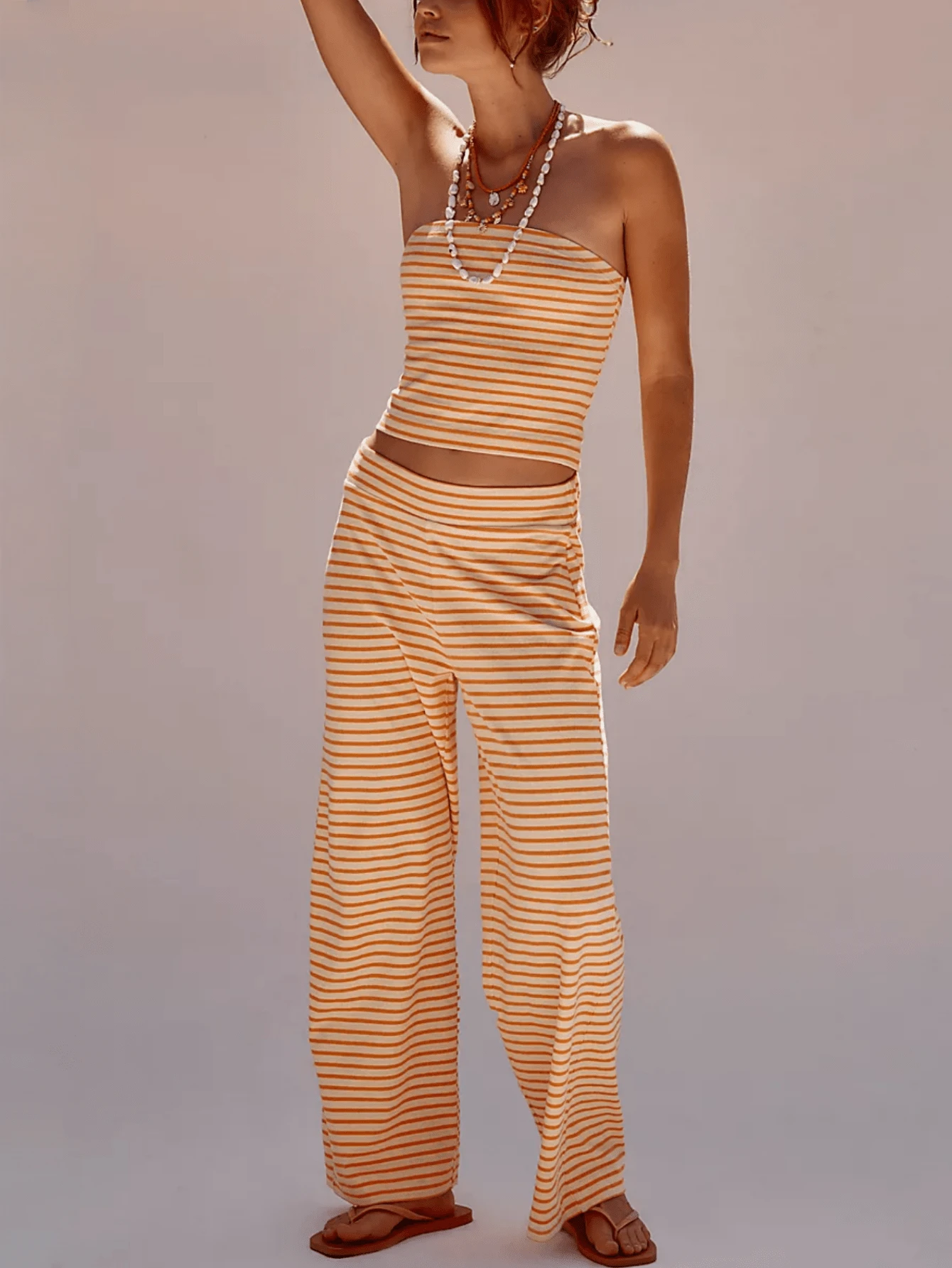 Womens Y2K Striped Two Pieces Outfits Strapless Crop Tube Top Off The Shoulder Bandeau Tops And Striped Wide Leg Pants Sets Summer Beach Vacation Casual Lounge Set