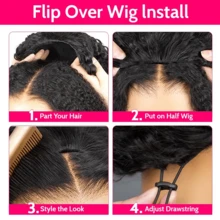 18Inch Half Wigs Human Hair Afro Kinky Curly Headband Wig Upgrade 3 IN 1 Half Wig With Drawstring Seamless Clip Ins Flip Over Wig - Natural Black - 查看 6