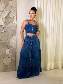 Women's Cropped Jeans Set And Long Jeans Skirt With Buttons Elegant Summer Fashion - 藍色 - 查看 1