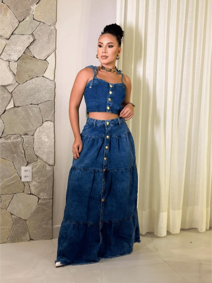 Women's Cropped Jeans Set And Long Jeans Skirt With Buttons Elegant Summer Fashion - 藍色 - 查看 1