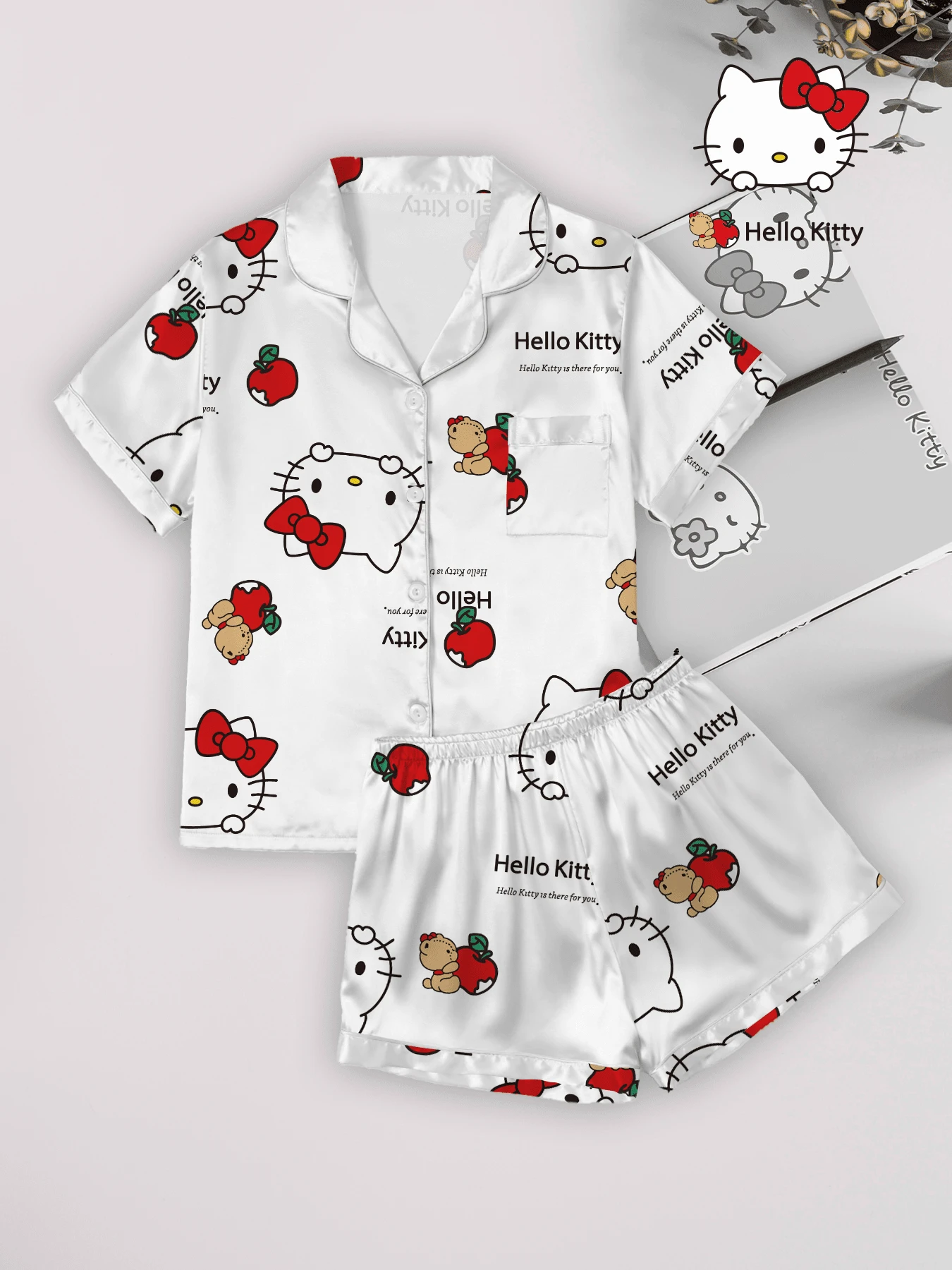 Sanrio Hello Kitty Kids Pajamas, Suitable For All Seasons, Including Short Sleeve Top And Shorts, Cartoon Print, Comfortable And Warm Design