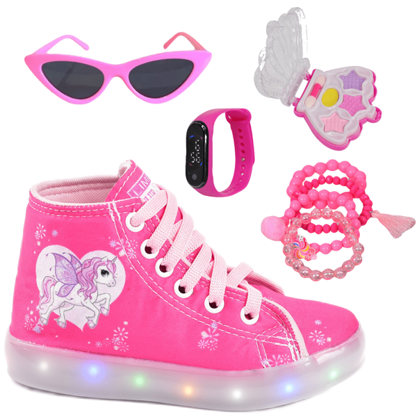 Tênis Botinha Infantil Com Led Feminino Unicórnio Cano Alto + Óculos + Pulseira + Paleta + Relógio