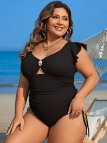 Swim Lushoire 1 件大码女式黑色连体泳衣，性感夏日度假泳装 - 黑色 - 查看 5
