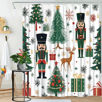 1PC Nutcracker & Christmas Tree Shower Curtain - Polyester, White With Pine & Deer Design, Includes Hooks, Perfect For Bathroom Decor