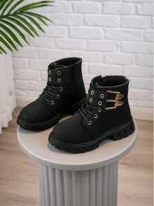 1 双靴子，橡胶软底，增高，舒适内衬，金色双扣装饰，易穿脱系带拉链设计，柔软 PU 圆头，适合 3-15 岁男孩和女孩，户外徒步露营，2025 年秋冬新款