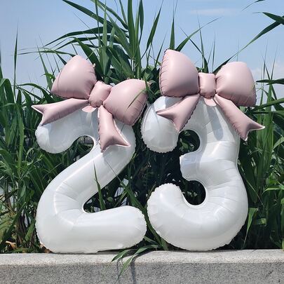 2pcs 32-Inch White Number Shape Aluminum Foil Balloons With Matte Bow Decor, Suitable For Birthday Party, Outdoor Events, Anniversary, Holidays, Christmas, Party Celebration Atmosphere And Backdrop Decoration