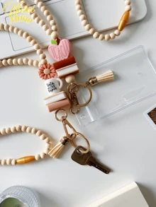 1pc Silicone Bead Book Flower Beaded Keychain Lanyard, ID Card Holder, Teacher Gift, With Card Sleeve Car Accessories Bag Charm School - Multicolor - View 4