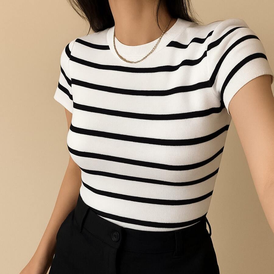 Women's Modal Striped Blouse, Fresh Casual, Short Sleeve, Elegant , Summer 2026 - Đen và Trắng - Xem 1