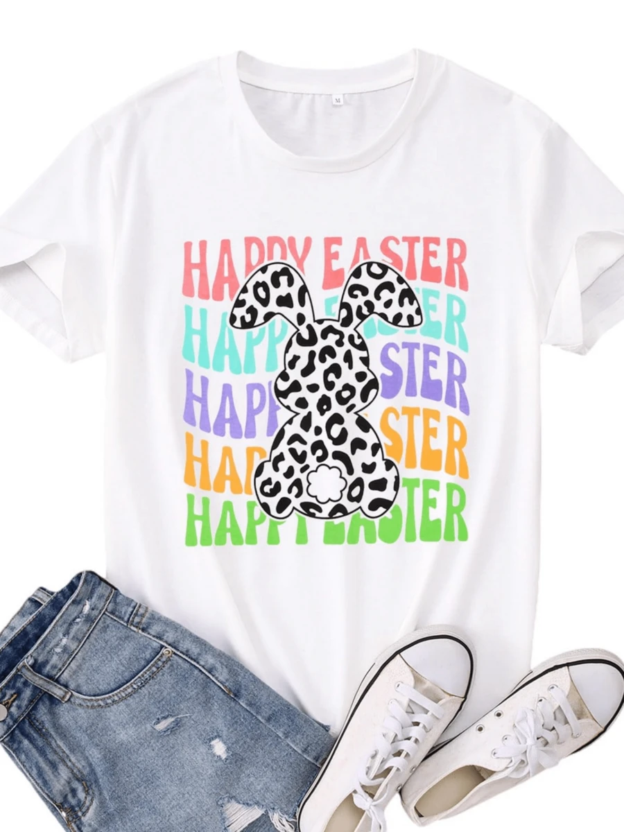 1pcs Leopard Bunny Graphic Print T Shirt 220g Happy Easter Women's Casual 100% Cotton Round Neck Tee Chic Style - White - View 1