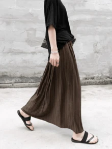 Primavera y otoño de la falda plisada de la moda de las mujeres más tamaño de cintura alta falda de medio cuerpo sub gran swing A-line falda de longitud media - Café integral - Ver 4