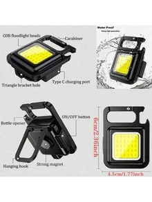 1 件装铝合金 Type-C 可充电 LED 手电筒迷你多功能 300mah 4 档可调手电筒带挂钩磁性背架开瓶器适用于露营和钓鱼应急照明，露营配件 - 黑色 - 查看 3