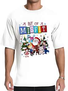 Retro Men's Pure Cotton Classic Fashion Casual Simple Fun Holiday Print Short-Sleeved T-Shirt "Christmas - Misfit Graphic T - Shirt – 'A Bit Of A Misfit' With Classic Characters Design" - trắng - Xem 1