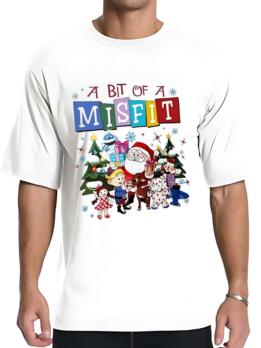Retro Men's Pure Cotton Classic Fashion Casual Simple Fun Holiday Print Short-Sleeved T-Shirt "Christmas - Misfit Graphic T - Shirt – 'A Bit Of A Misfit' With Classic Characters Design" - trắng - Xem 1