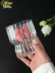 <Tỏa sáng rực rỡ với từng chiếc nơ hồng>, Cốc sọc trang trí nơ trong suốt 300ml, thích hợp để uống nước và cà phê hàng ngày - Nhiều màu - Xem 3