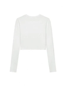 女士秋冬新款棉质字母印花休闲修身圆领短款图案T恤 - 白色 - 查看 6