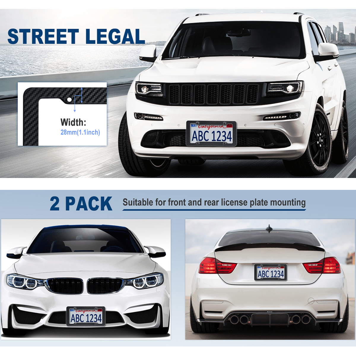 2 件黑色碳纤维牌照架，适用于美国/加拿大/墨西哥，光面防水塑料牌照架，印有碳纤维图案，男女皆宜（带螺丝和盖子），男士黑色汽车配件 - 黑色 - 查看 3