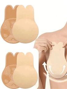 2pcs Reusable Rabbit Ear Nipple Cover Lifting Silicone Invisible Sticky Bra Pad For Sports Push-Up Plank Workout - Beige - View 1