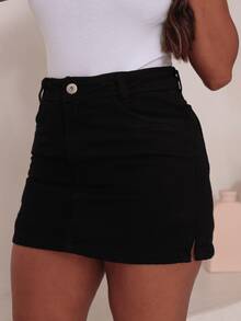 Shorts And Jeans Skirt With Side Opening - Black - View 3
