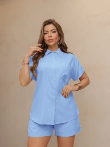 WOMEN'S SET SHORT SLEEVE SHIRT AND SHORTS SP034 - 藍色 - 查看 1