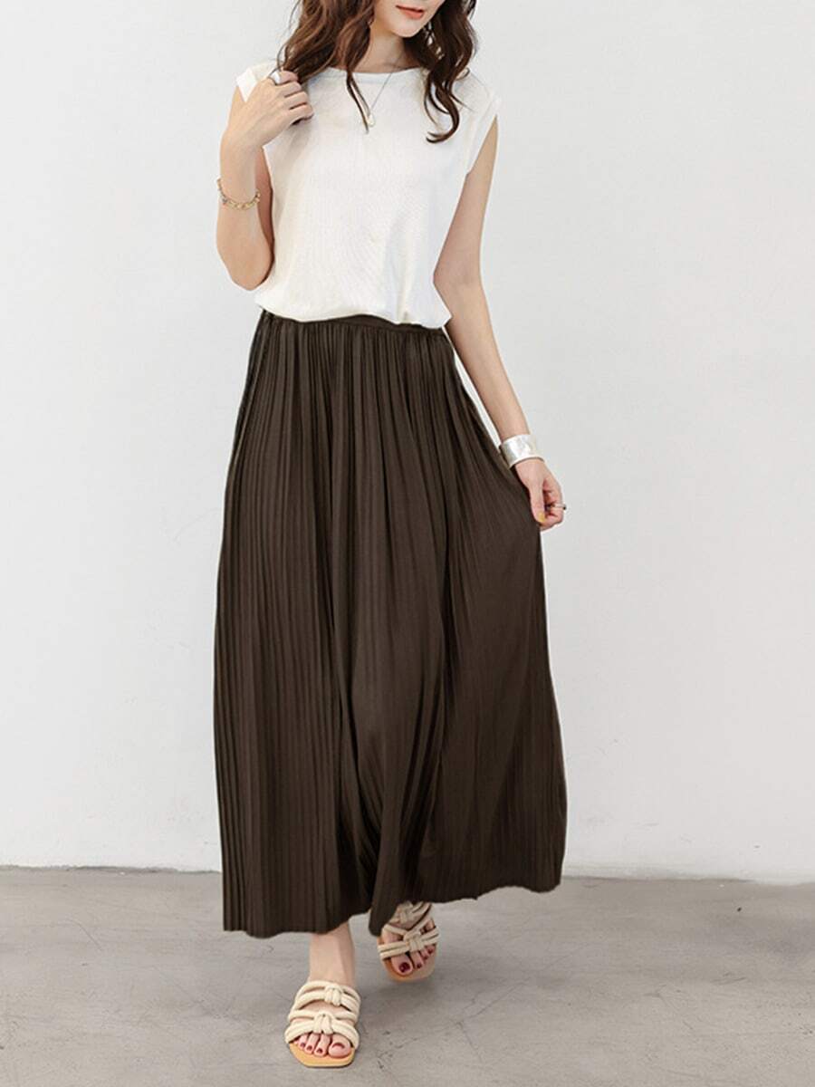Primavera y otoño de la falda plisada de la moda de las mujeres más tamaño de cintura alta falda de medio cuerpo sub gran swing A-line falda de longitud media - Café integral - Ver 1