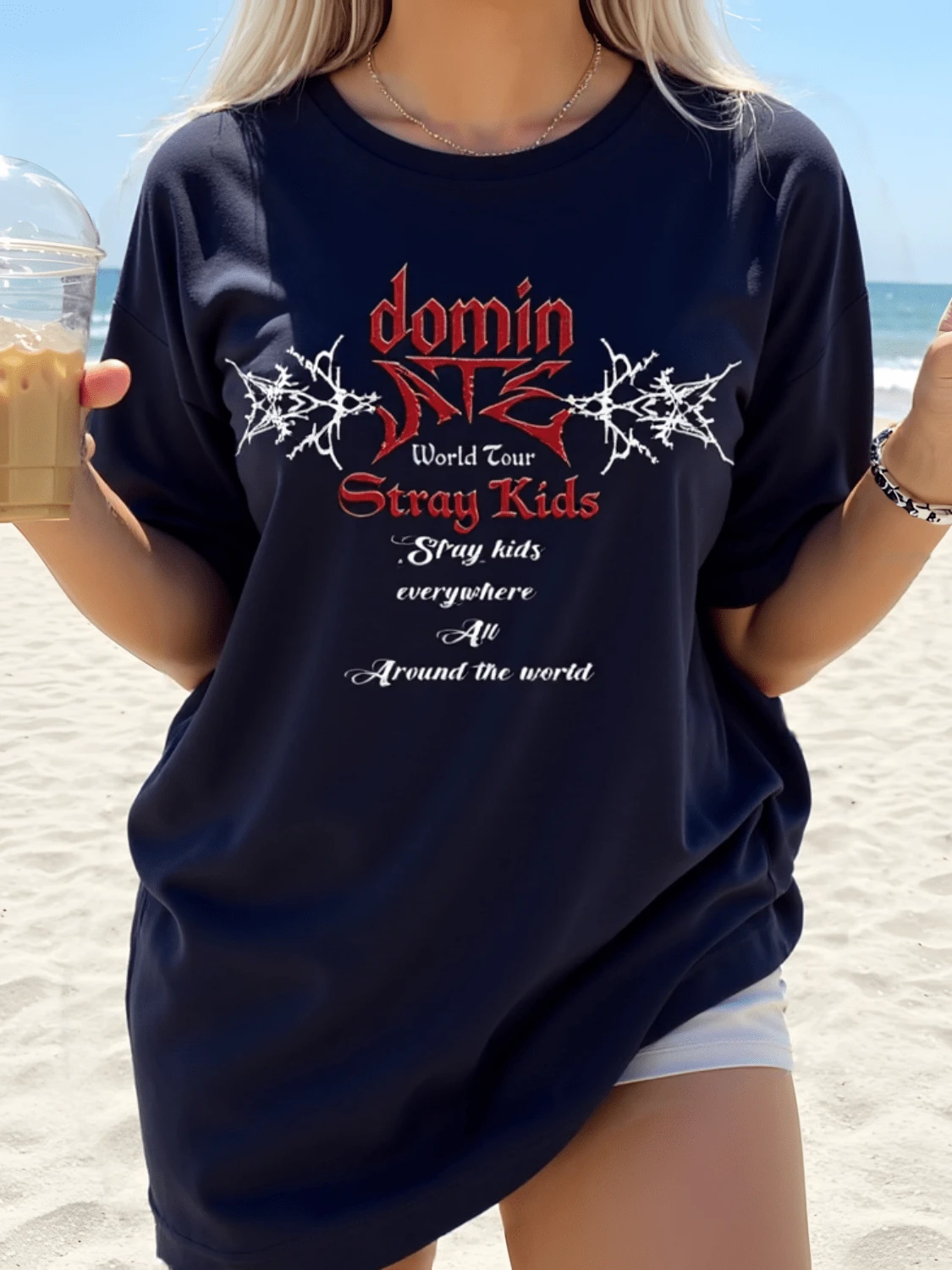 DominATE World Tour Shirt,Shirt,SKZ Merch,Gifts,Skzoo Shirt,Skz Shirt,Kpop Shirt,In Shirt Women's Solid-Colored Boat Neck Short-Sleeve One-Piece Shirt,Suitable Summer Wear,Paired With Printed Shirts,Ladies'tops,And Printed Short-Sleeve Shirts.Women's Clothing 1pc Women's Solid Color Crew Neck Short Sleeve Fitted T-Shirt, Suitable For Summer - 黑色 - 查看 1