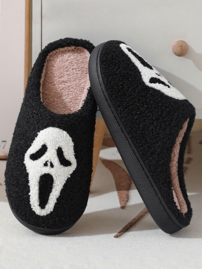 Halloween New Fabric Women's House Slippers, Unisex Ghost & Skull Fabric Slippers, Plus Size Pumpkin House Slippers For Winter
