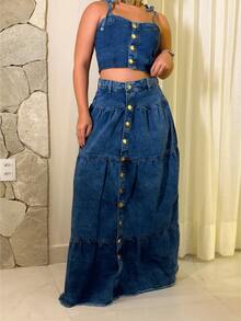 Women's Cropped Jeans Set And Long Jeans Skirt With Buttons Elegant Summer Fashion - 藍色 - 查看 5