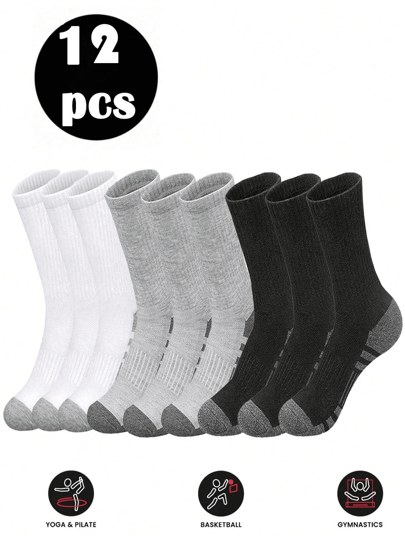 12pcs Comfortable Sports Tennis Socks For Men, Suitable For Outdoor And Casual Wear, All Season, White Antibacterial Odor-Resistant Moisture-Wicking Thick Sports Socks